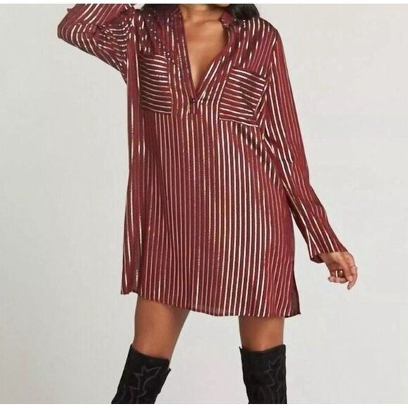 Show Me Your MuMu Dresses & Skirts - Show Me Your Mumu Maribelle Burgundy Red Gold‎ Stripe Shirt Dress SZ M $170